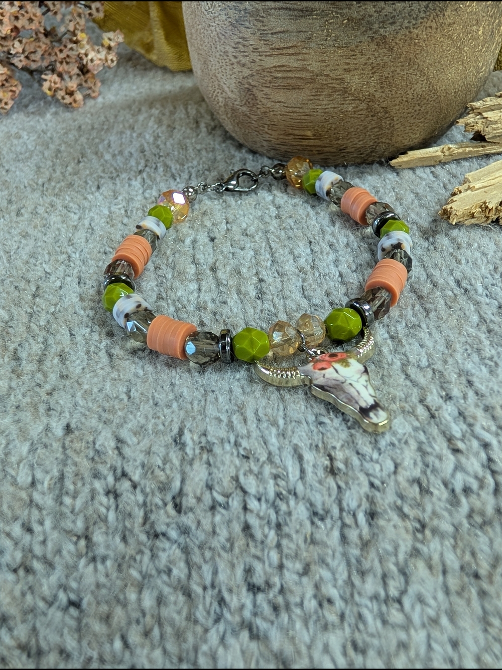 Green & Peach Beaded Cow Skull Charm Bracelet